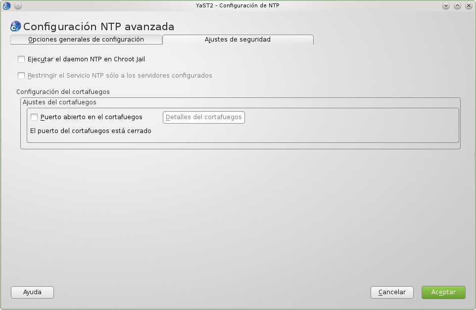 YaST - Configuración de NTP - Ajustes de seguridad.png