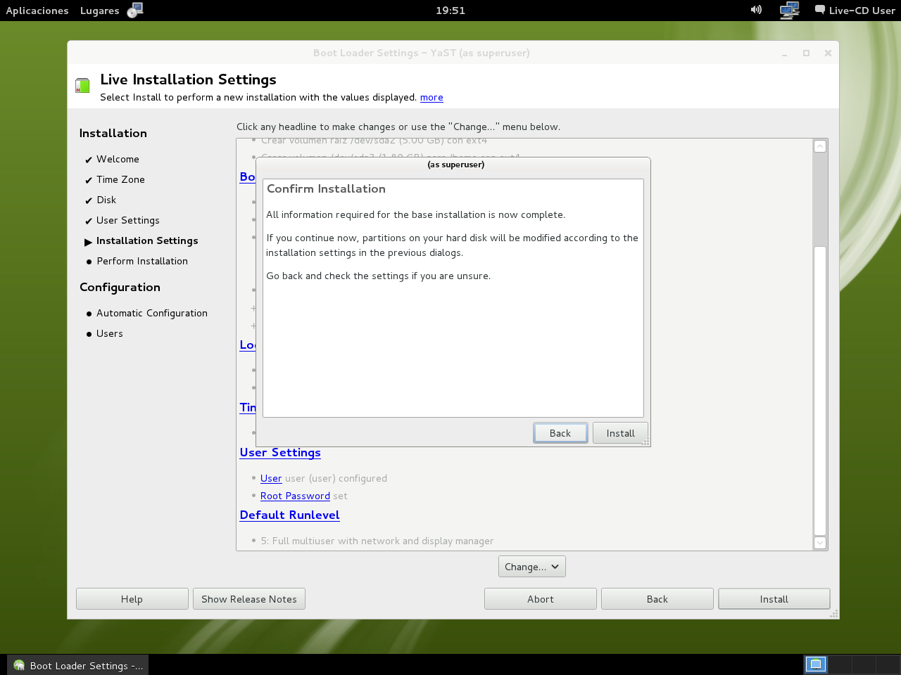 12.1 Instalación LiveCD GNOME 08.2 - Resumen de la instalación - Confirmar instalación.png