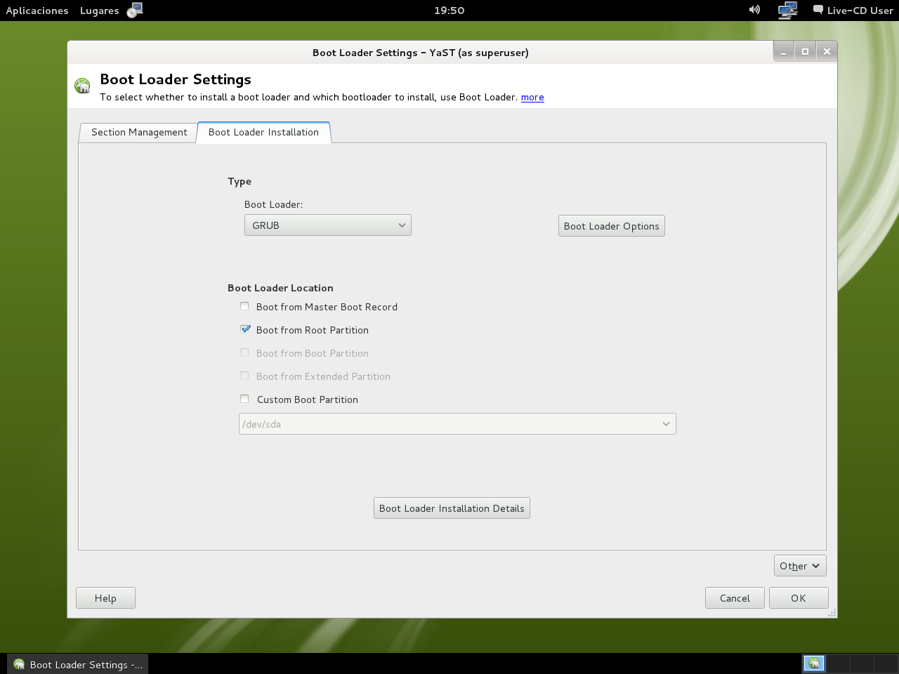 12.1 Instalación LiveCD GNOME 08.1 - Resumen de la instalación - Cargador de arranque.png