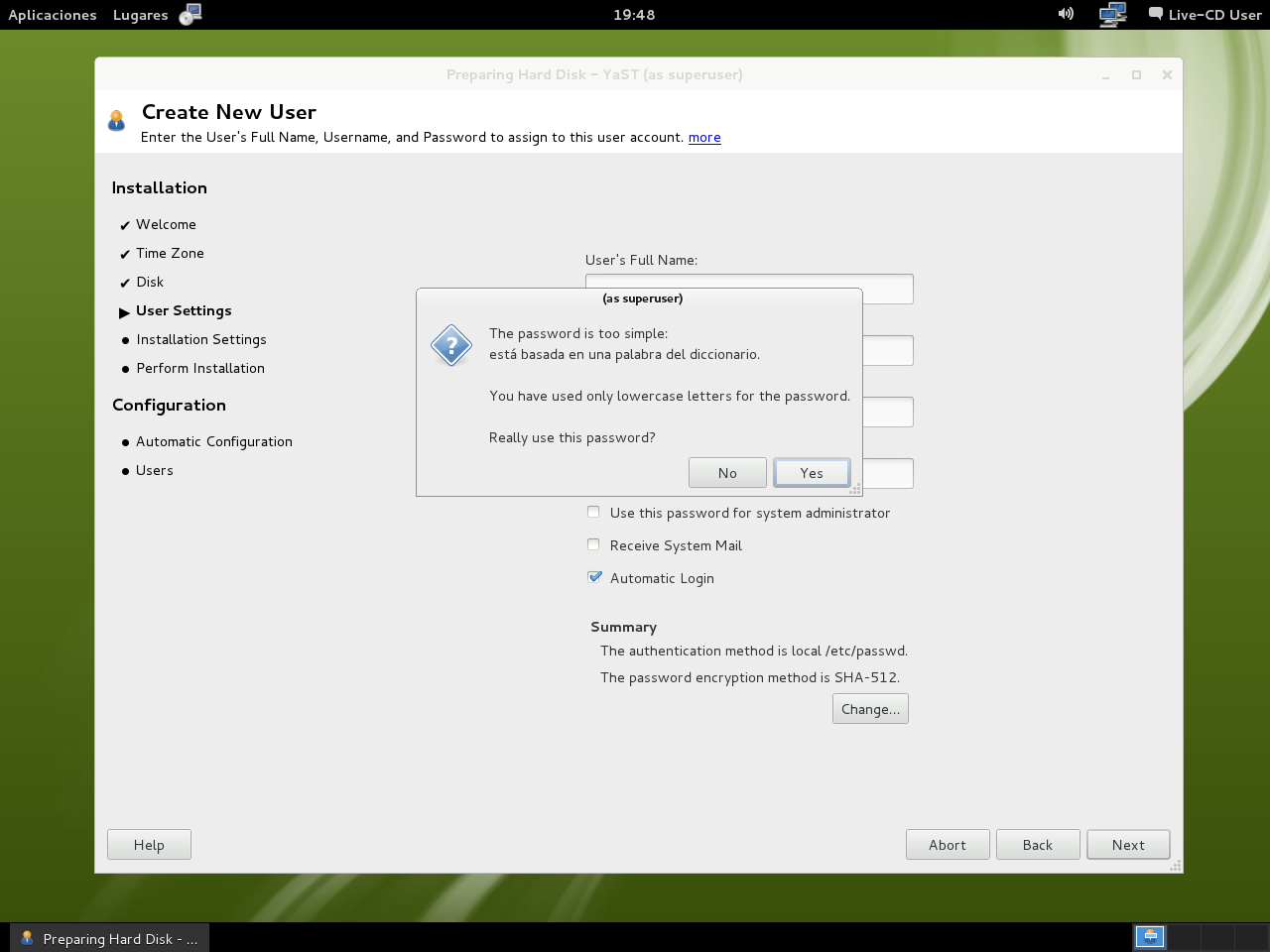 12.1 Instalación LiveCD GNOME 07.1 - Crear nuevo usuario - Contraseña simple.png