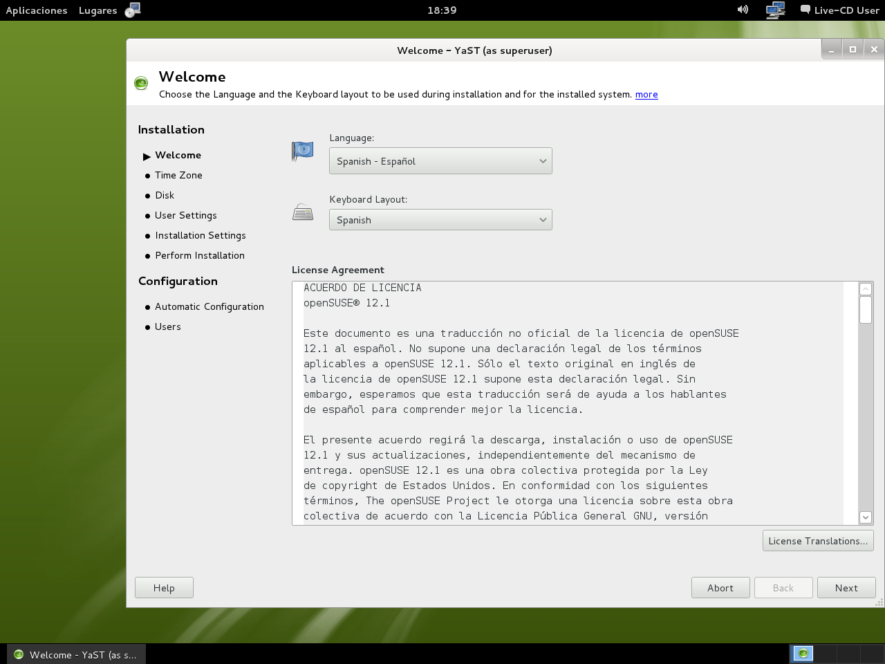 12.1 Instalación LiveCD GNOME 04 - Instalación - Acuerdo de Licencia.png