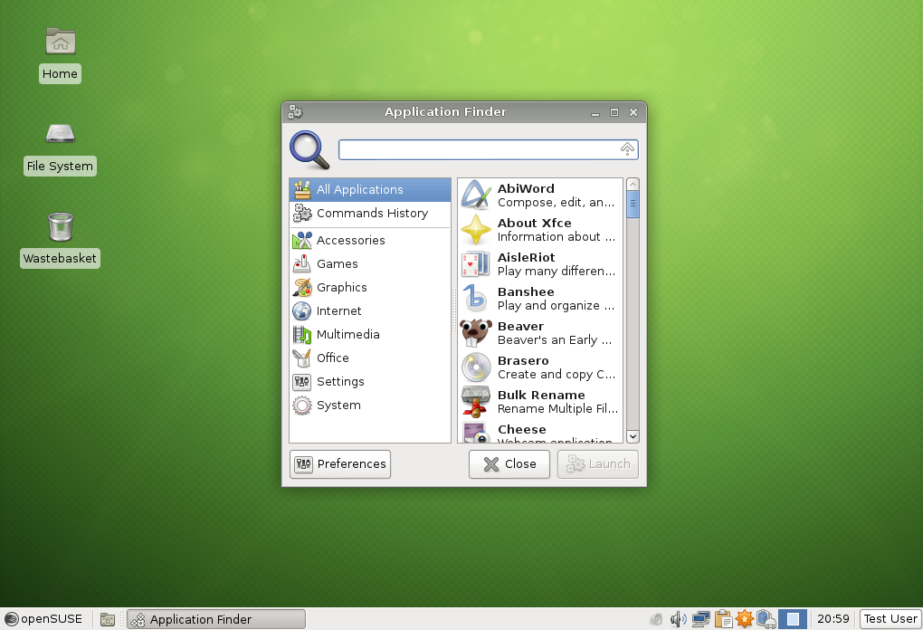 OpenSUSE 12.2 XFCE launcher expanded.png