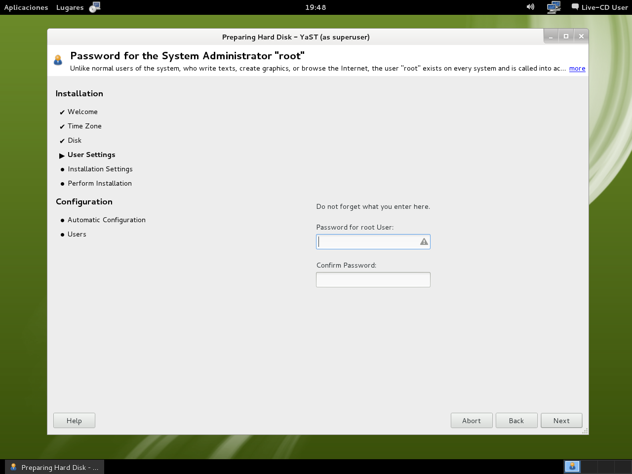 12.1 Instalación LiveCD GNOME 07.2 - Crear nuevo usuario - Contraseña de root.png