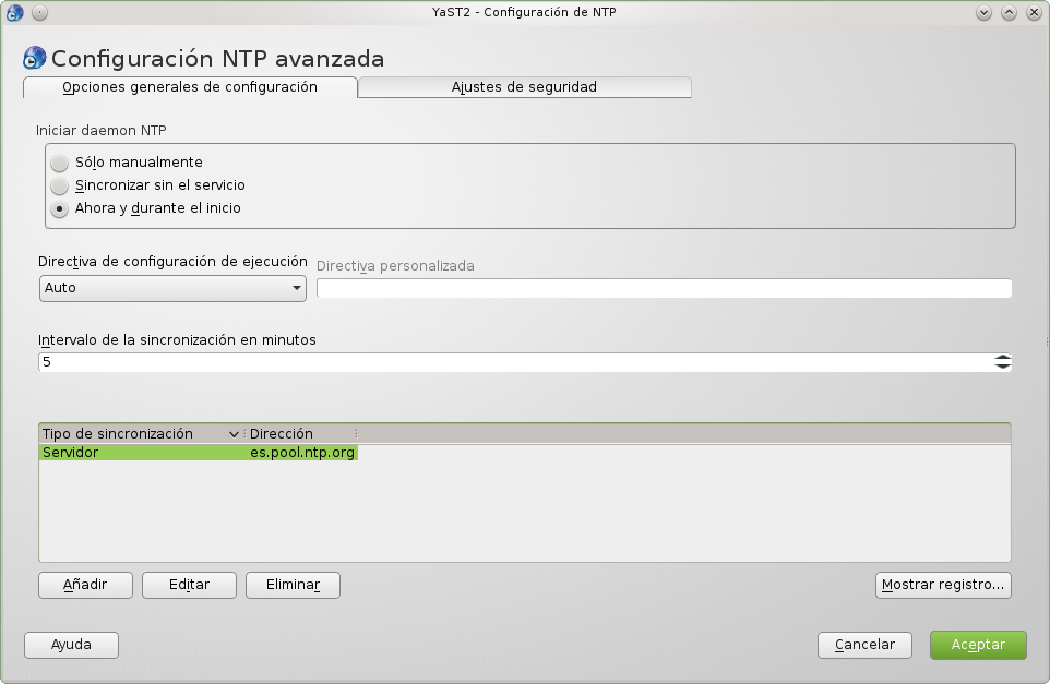 YaST - Configuraci贸n de NTP - Opciones generales de configuraci贸n.png