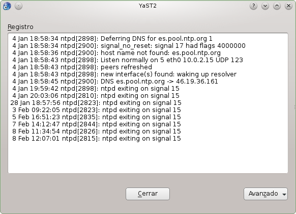 YaST - Configuraci贸n de NTP - Mostrar registro.png